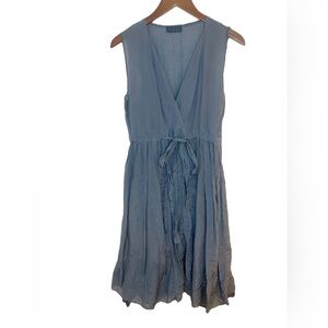 CP Shades Dress Small Silk Cotton Blend Blue V Neck Tie Waist Full Skirt Lined